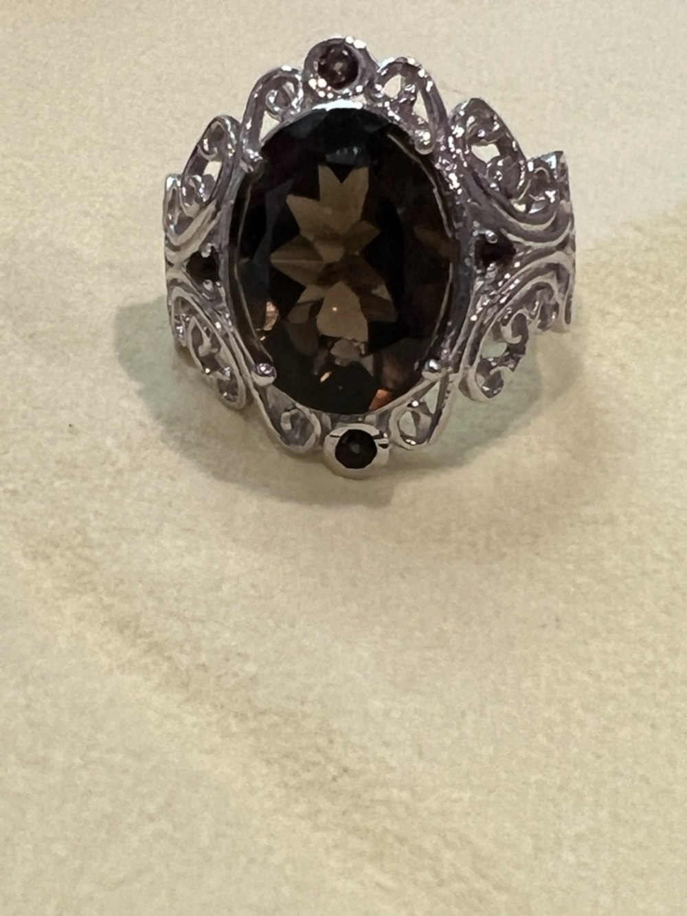 Sterling Filigree Ring with Smoky Brown Oval Stone